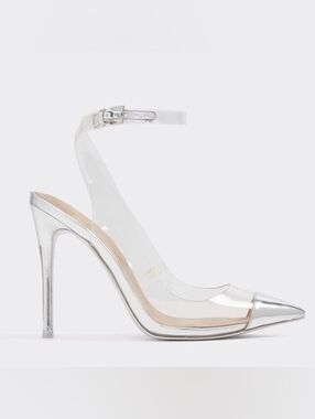 Aldo Kilanna Silver and Clear Ankle-Strap Stilettos US 7.5